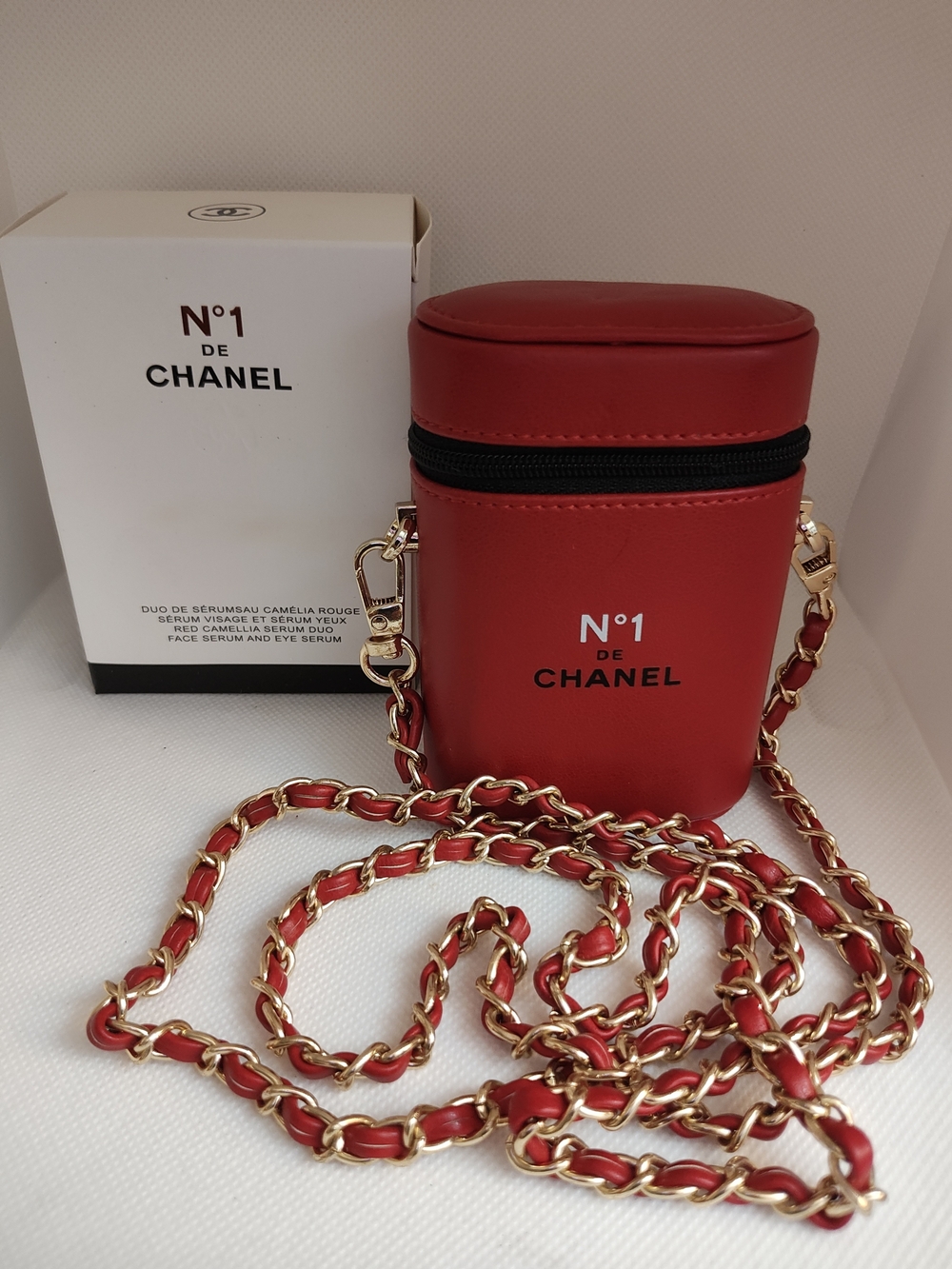 Red Leather Crossbody Pouch with Gold Chain